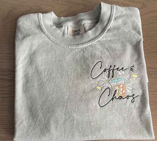 Coffee and Chaos Embroidered Long Sleeve Shirt
