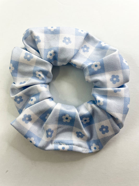 Blue Flower Gingham Scrunchie