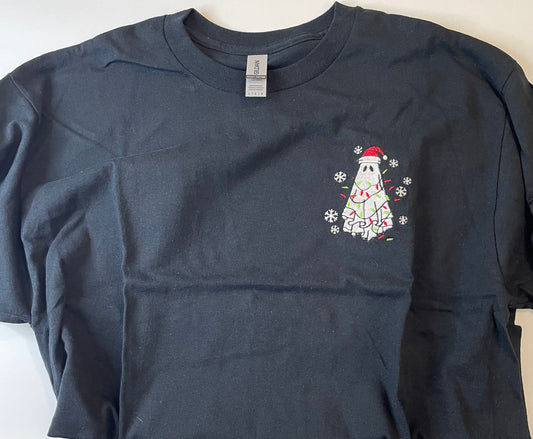 Christmas Lights Ghost Embroidered Shirt ( Black-LARGE )